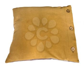 top view of back side of handmade dark yellow (mustard color) decorative pillow isolated on white background