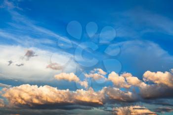 white and yellow cumuli clouds in dark blue sky over Moscow at summer sunset