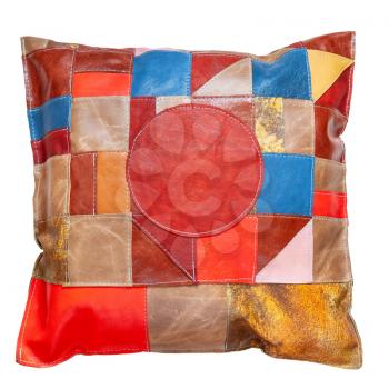 handmade motley patchwork leather pillow isolated on white background
