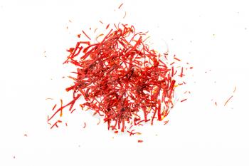 bunch of dried saffron threads from Iran on white background