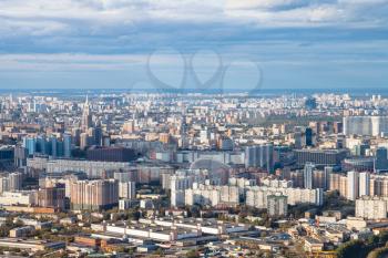 above view of north of Moscow city from observation deck at the top of OKO tower in autumn