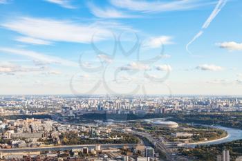 blue sky over Luzhniki arena stadium and southeast of Moscow city from observation deck at the top of OKO tower in autumn