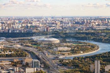 above view of Luzhniki arena stadium and southeast of Moscow city from observation deck at the top of OKO tower in autumn
