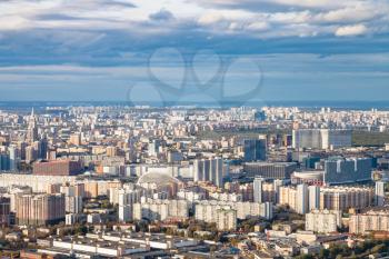 aerial view of north of Moscow city from observation deck at the top of OKO tower in autumn