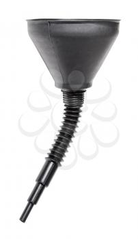 side view of wide black plastic funnel with bended spout isolated on white background