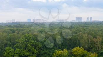 natural background - panoramic view of forest and city on horizon on rainy day