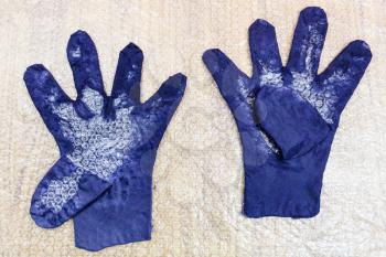 workshop of hand making a fleece gloves from blue Merino sheep wool using wet felting process - wet gloves with shaped finger and cutting pattern