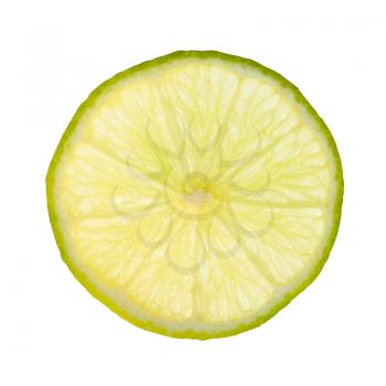 thin slice of fresh lime lit from behind isolated on white background