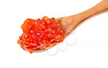 above view of little wooden spoon with salted russian red caviar of sockeye salmon fish isolated on white background