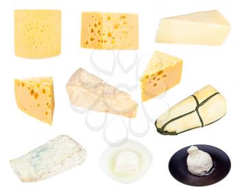 collection of various cheeses isolated on white background