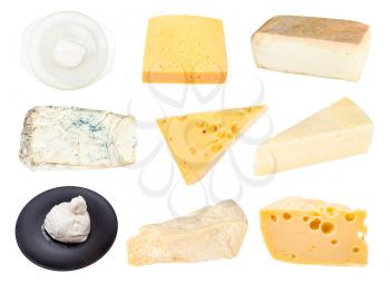 collage from various cheeses isolated on white background