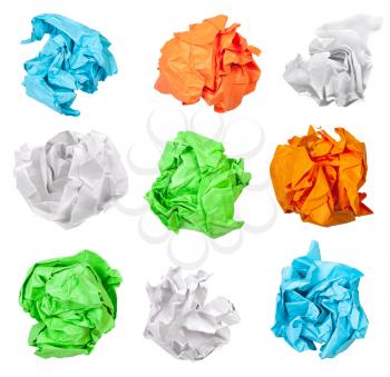 various crumpled paper balls isolated on white background