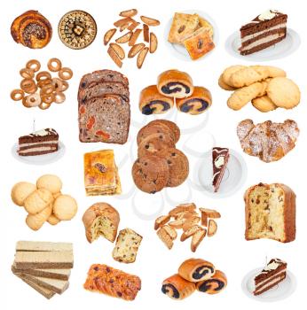 collection from various pastries isolated on white background