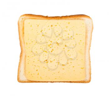 top view of open sandwich with toast and slice of cheese isolated on white background