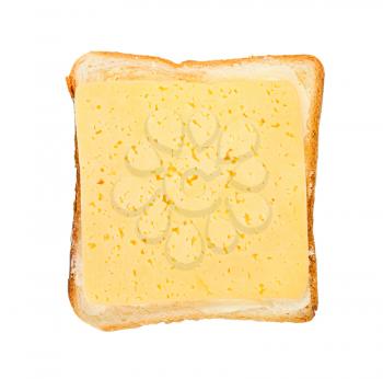 top view of open sandwich with toast, butter and slice of cheese isolated on white background