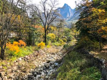 dried mountain river in Seoraksan National Park in South Korea in autumn (snapshot by mobile smartphone)