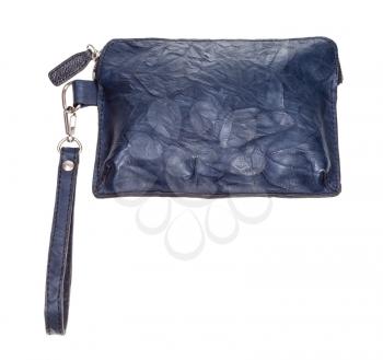 closed small blue leather wristlet pouch bag isolated on white background
