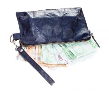 open small blue leather wristlet purse bag with many euros isolated on white backgroun