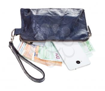 open small blue leather wristlet pouch bag with phone, credit cards and euros isolated on white background