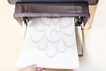 loading of blank paper sheets in printer tray of multi function device on table in office