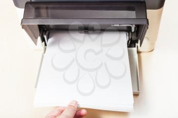putting of white paper sheets in printer tray of multi function device on table in office