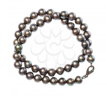 top view of coiled necklace from natural black pearls isolated on white background