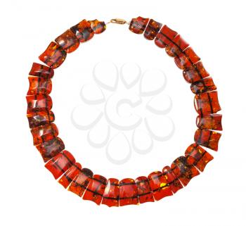 top view of necklace from polished faceted amber flat pieces isolated on white background