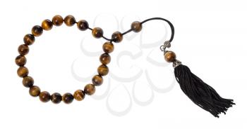 top view of worry beads from tiger's eye gemstones isolated on white background