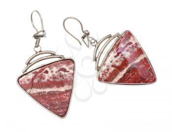 vintage earrings with polished natural red brecciated jasper gemstones isolated on white background