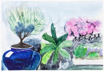 flower pots with olive tree bonsai and green houseplant on window sill and view of blossoming garden in sunny day hand painted by watercolour paints on white textured paper