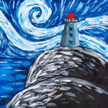 night landscape with lighthouse on cliff hand painted by tempera on textured cardboard