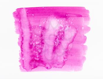 abstract painted pink square with stains and paint splashes hand painted by watercolour paints on white textured paper