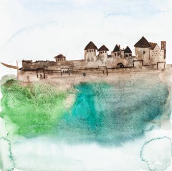 outside view of medieval citadel in France hand painted by watercolour paints on white textured paper