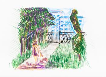 woman near gate of city park and view of apartment houses in summer hand-drawn by color pencils on white paper
