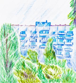 sketch of green trees and apartment house in city in summer hand-drawn by color pencils on white paper