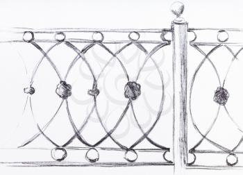sketch of pattern of iron fence hand-drawn by black pencil on white paper