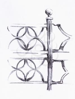 sketch of decorated iron fence hand-drawn by black pencil on white paper