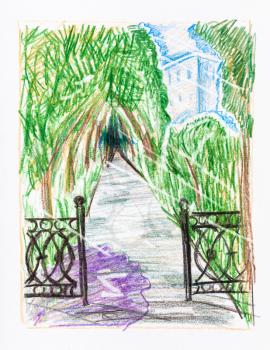 sketch of path in city park after summer rain hand-drawn by color pencils on white paper