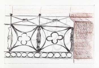 sketch of parapet with iron fence hand-drawn by color pencils on white paper