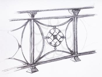 sketch of ornamental iron fence hand-drawn by black pencil on white paper
