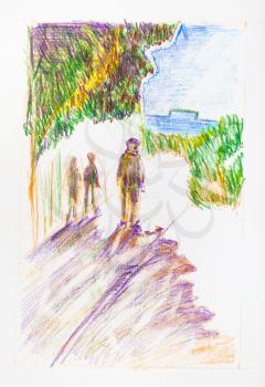 sketch of people walking along wall in city in summer hand-drawn by color pencils on white paper
