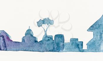 silhouette of skyline of italian medieval town hand painted by watercolour paint on white textured paper