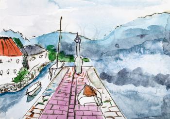 view pf pier in Kotor town in Montenegro in summer morning hand painted by watercolour paints on white textured paper