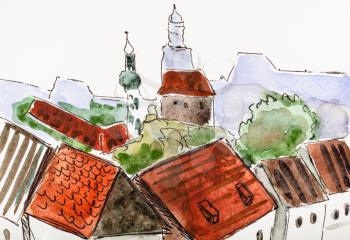 typical above view of small european medieval town in summer hand painted by watercolour paints on white textured paper