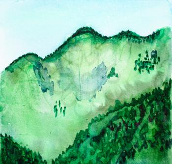 green overgrown mountains in summer hand painted by watercolour paints on white textured paper