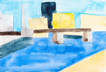 abstract art - view of bridge on Moskva river in Moscow city hand painted by watercolour paints on white textured paper