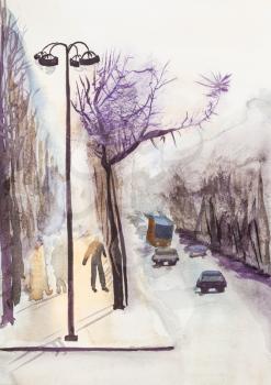 view of street in Paris city on sunny March day hand painted by watercolour paints on white textured paper