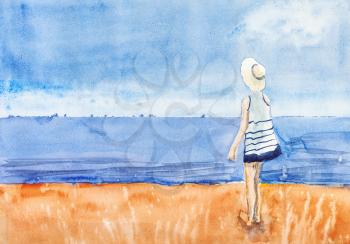 girl in short dress and straw hat looks out to sea from sandy beach in Le Touquet hand painted by watercolour paints on white textured paper