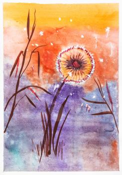 blowball on sunset hand painted by watercolour paints on white textured paper