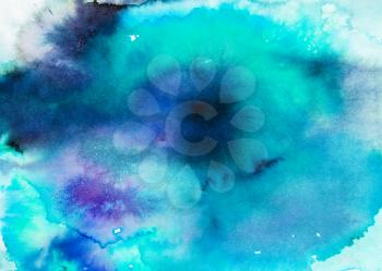 abstract blue painting with salt spots handpainted by watercolours on white textured paper
